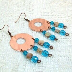 Handmade Copper Chandelier Earrings with Blue Crystal Dangles for Women Gifts